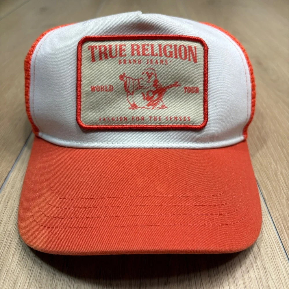 True Religion Mens World Tour Trucker Hat Orange White Buddha Logo Snapback Cap